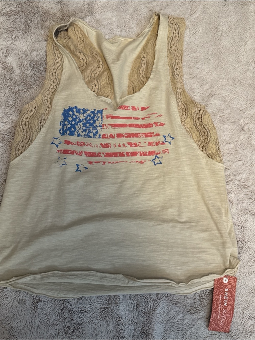 SHEIN Cream Lace-Trim Tank with Distressed Flag Graphic